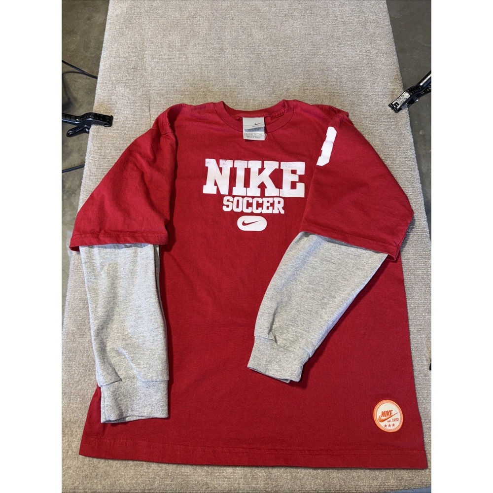Nike Shirt Mens XL Red Adult White Logo Swoosh Double Under Long Sleeve